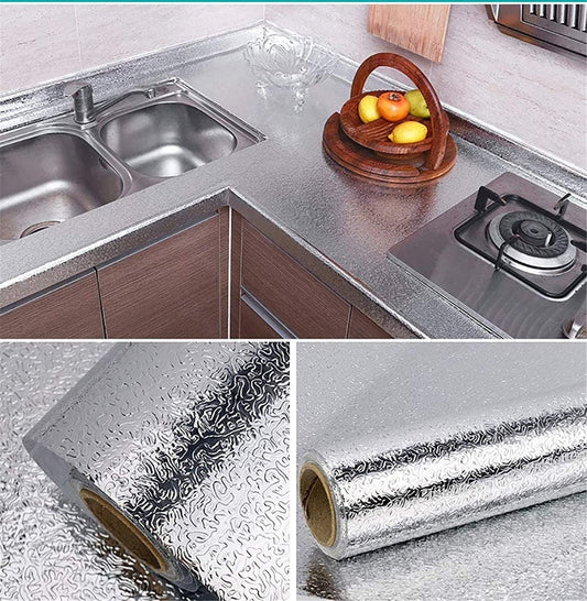 Silver Foil Kitchen Waterproof & Oil Proof Sticker | Aluminum Foil Self-Adhesive Sheet for Stove, Cabinets & Walls