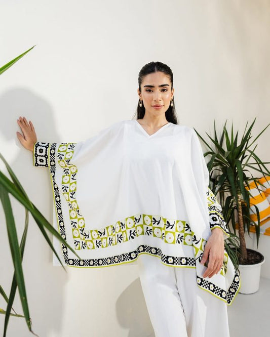 Women’s 3-piece Swiss Lawn Printed Suit – White, Medium Size, Shirt, Trouser & Inner Set,